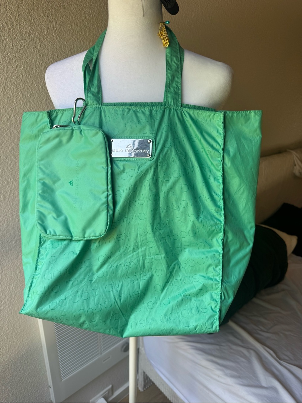 Adidas x Stella McCartney Green Recycled Nylon Tote Bag plus extra pouch